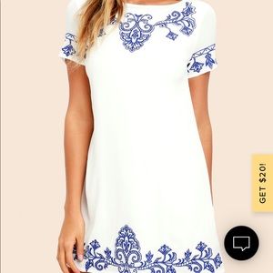 Lulus Tale to tell Blue and Ivory embroidered shift dress
